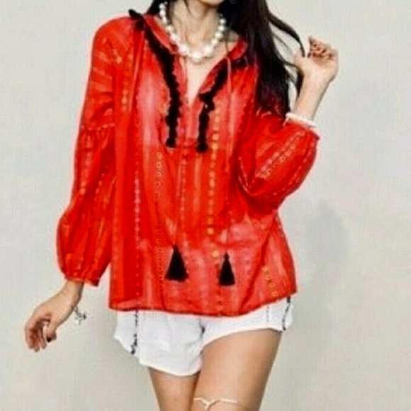 Belle Vere for Anthropologie Tasseled Boho Long Sleeve Blouse - Picture 3 of 11